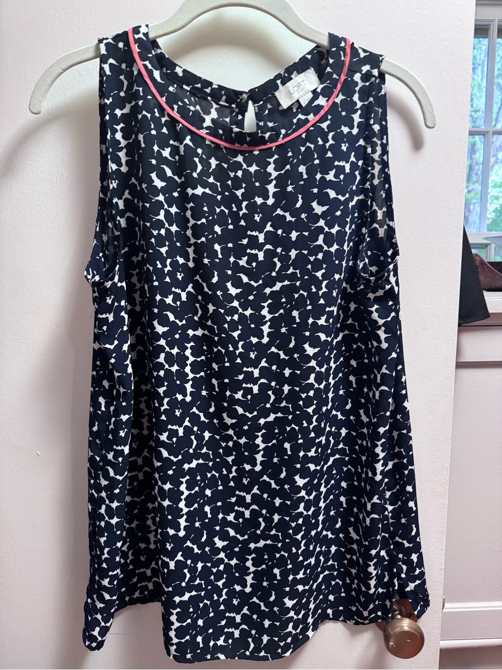 LOFT Navy and White Printed Tank Camisole with Pink Trim